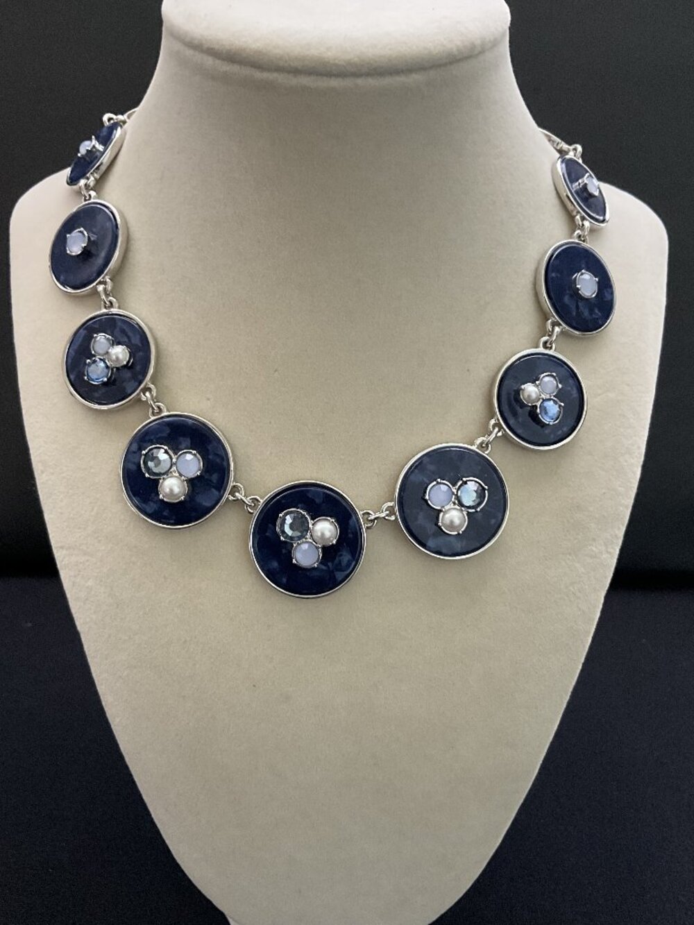 Talbots Navy Blue Cabochon Rhinestone Pearl Silver Tone Statement Necklace